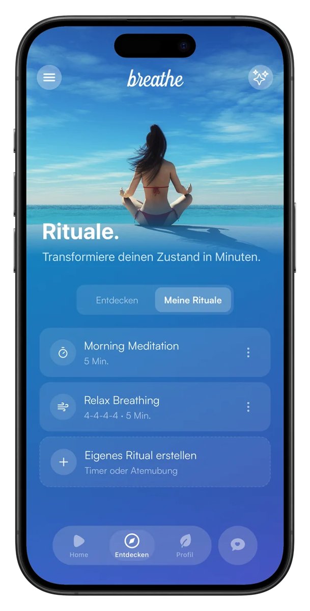 Smartphone showing the breathe app: rituals, morning meditation and a custom ritual