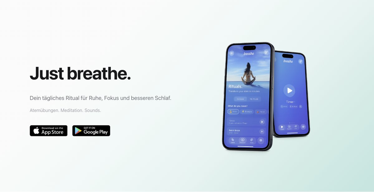 breathe website with the line "Just breathe." and two smartphones showing the app