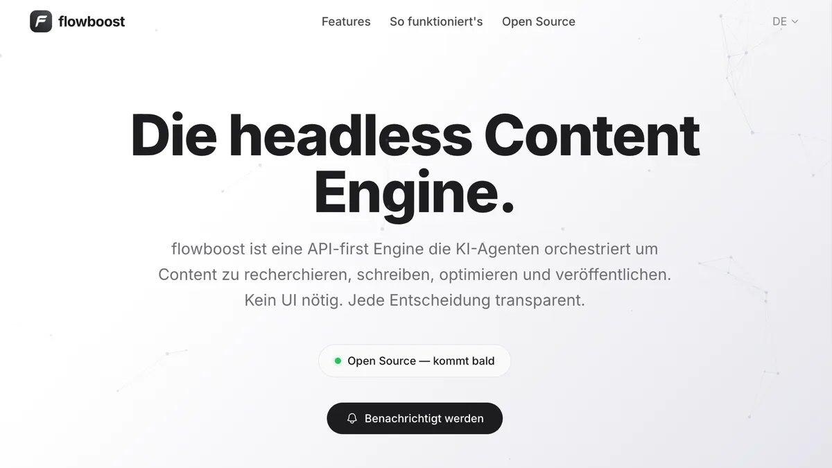 Home page of flowboost with the headline "The headless content engine."