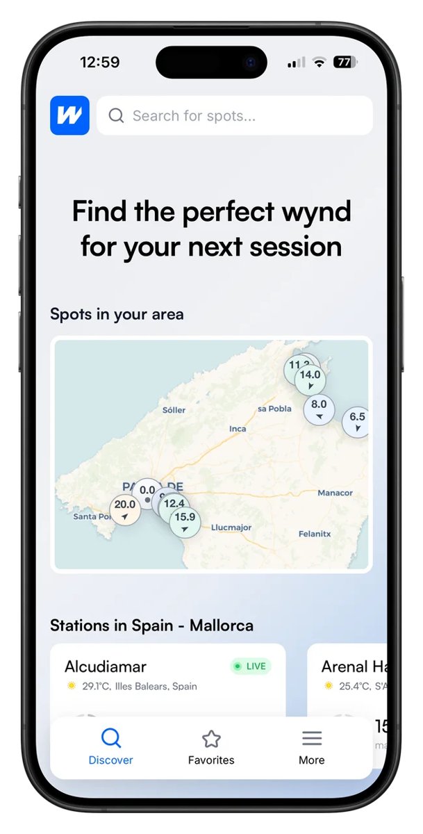 Smartphone showing the wynd app: map with wind stations on Mallorca