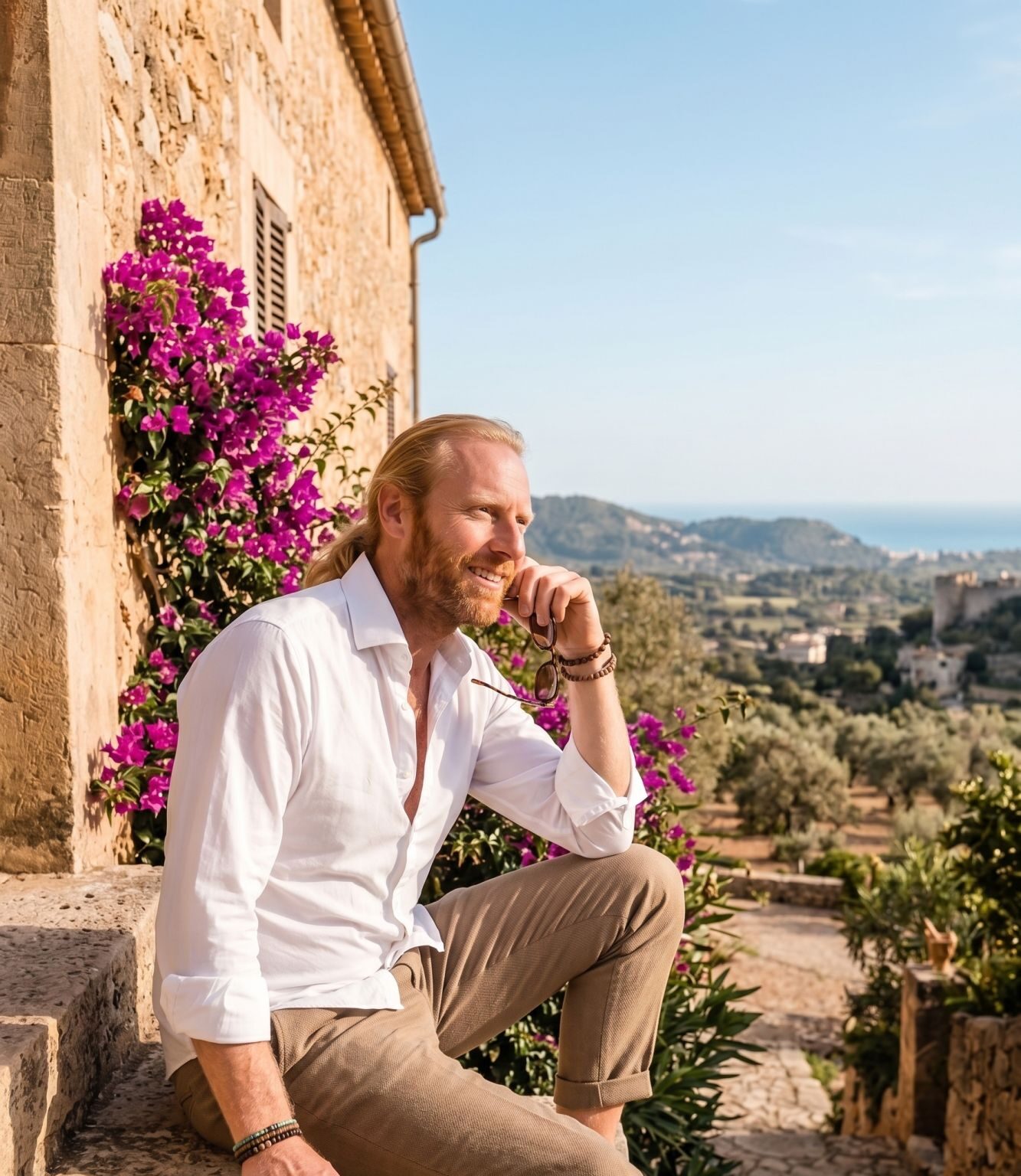 Sebastian Grote sitzt auf einer Natursteinmauer vor Bougainvillea, im Hintergrund das Meer